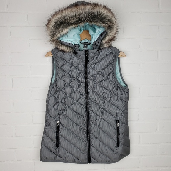 Eddie Bauer Jackets & Blazers - Eddie Bauer Gray Down Vest Faux Fur Hood M